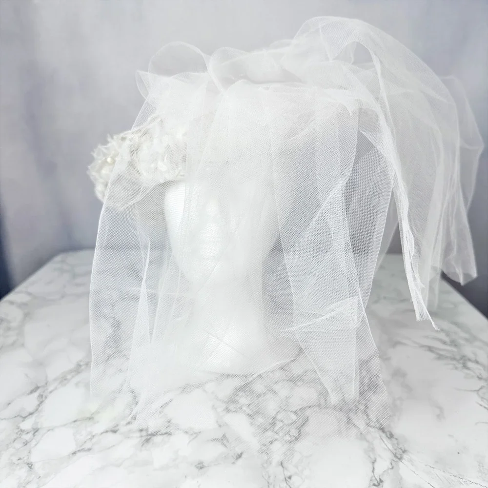 Vintage Handmade Ivory White Lace Floral Pearl Bridal Veil Hat